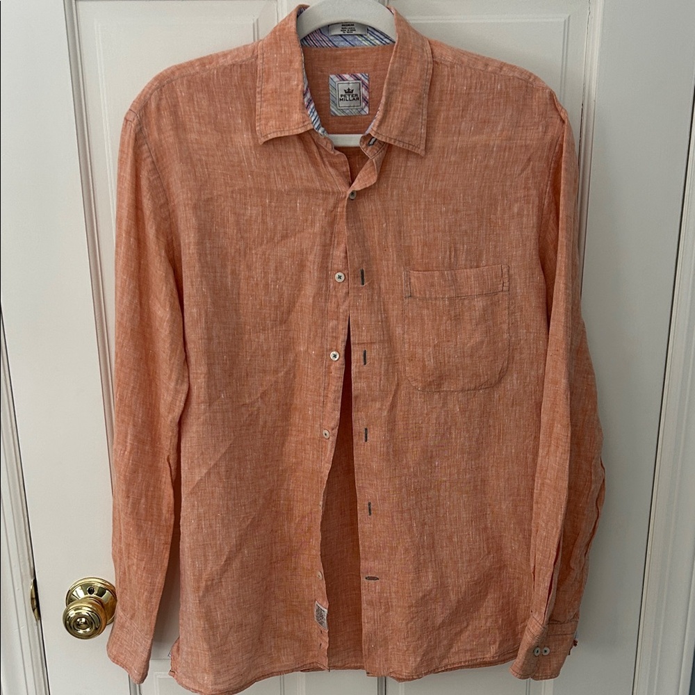 Peter Millar 100% Linen Orange Button Down Shirt sz M
